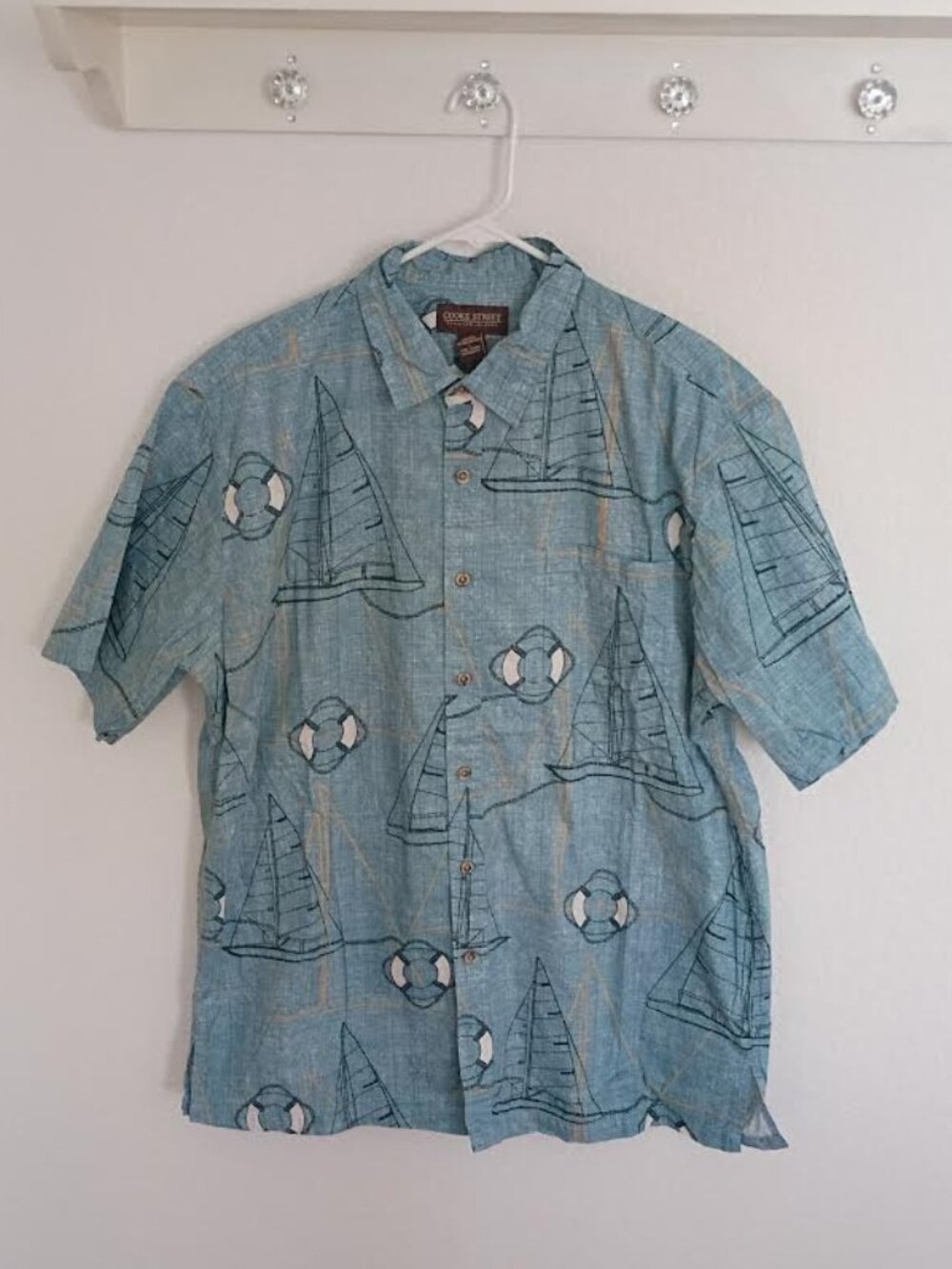 COOKE STREET HAWAIIAN ISLANDS MEN'S SHIRT BLUE SAILBOAT SHORT SLEEVE BUTTON UP L